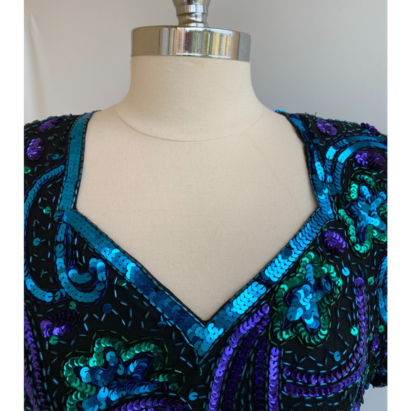 Vintage Retro 1980's Lawrence Kazar Fully Sequinned Evening Dress size Large - Picture 4 of 14